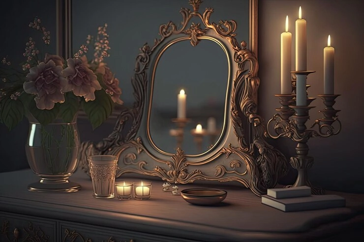 تصویر آینه و شمعدان روی کنسول در کنار گلدان و گل