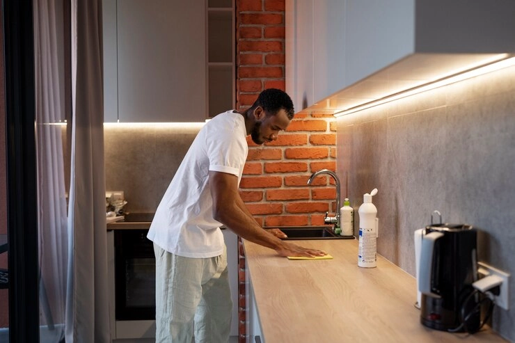 تصویر مرد در آشپزخانه در حال تمیز کردن اپن آشپزخانه 