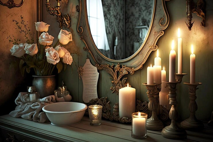 تصویر آینه و شمعدان و شمع های روشن روی کنسول به همراه گلدان و تعدادی گل رز
