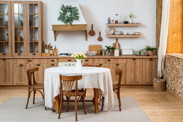 سرویس نهارخوری - تصویر میز ناهارخوری چوبی و ساده با رومیزی سفید ساده در آشپزخانه 