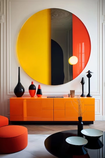 تابلوی دکوراتیو دایره ای با ترکیب رنگی زرد و مشکی و نارنجی و یک میز و ظرف های دکوری مشکی روی میز