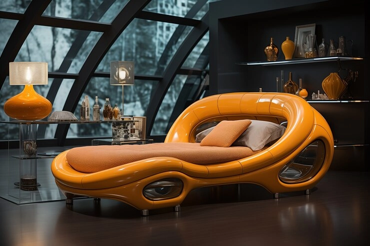 یک کاناپه تخت خوابشو مدرن در یک دکوراسیون صنعتی با ترکیب رنگی خردلی و مشکی