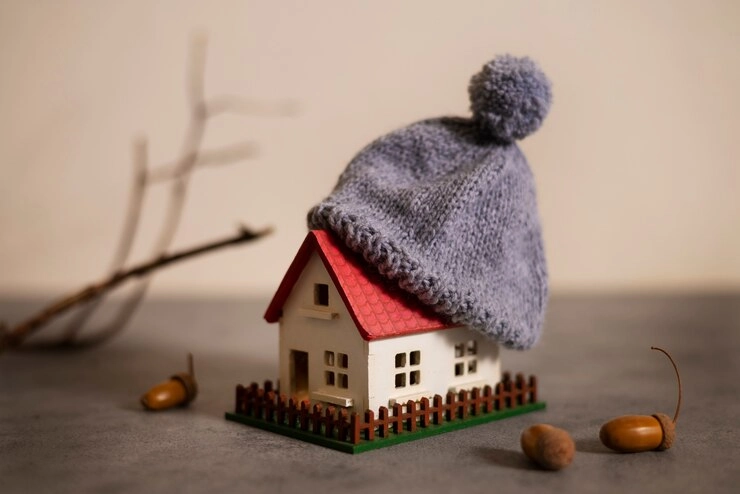 تصویر خانه کوچک دکوری که یک کلاه پشمی روی آن قرار دارد.